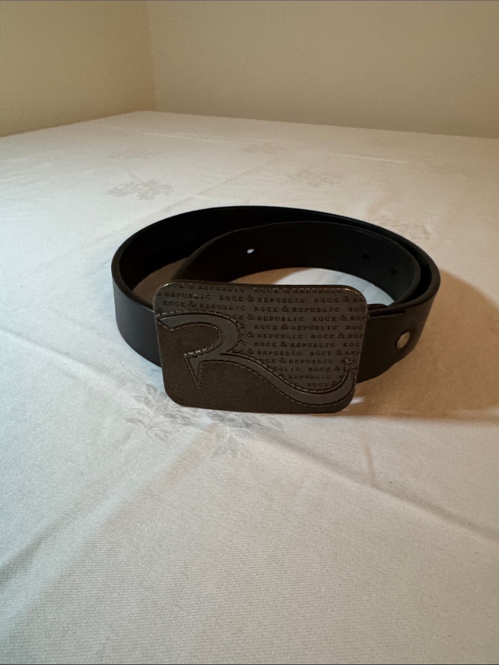 Rock & Republic Black Leather Belt with Embossed R Buckle